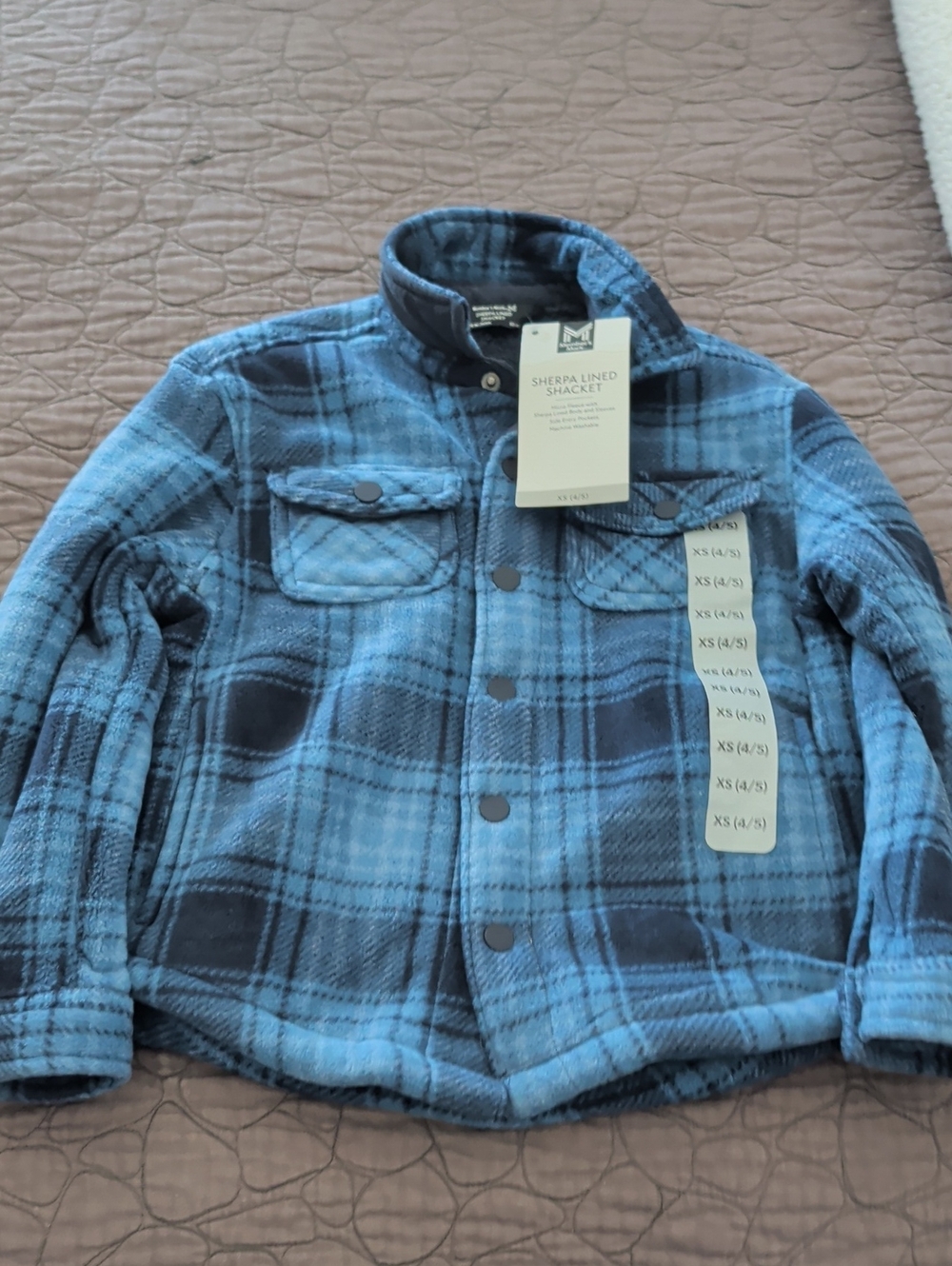 Sherpa-Lined Kids Blue Plaid Shacket Jacket - Size XS(4/5)